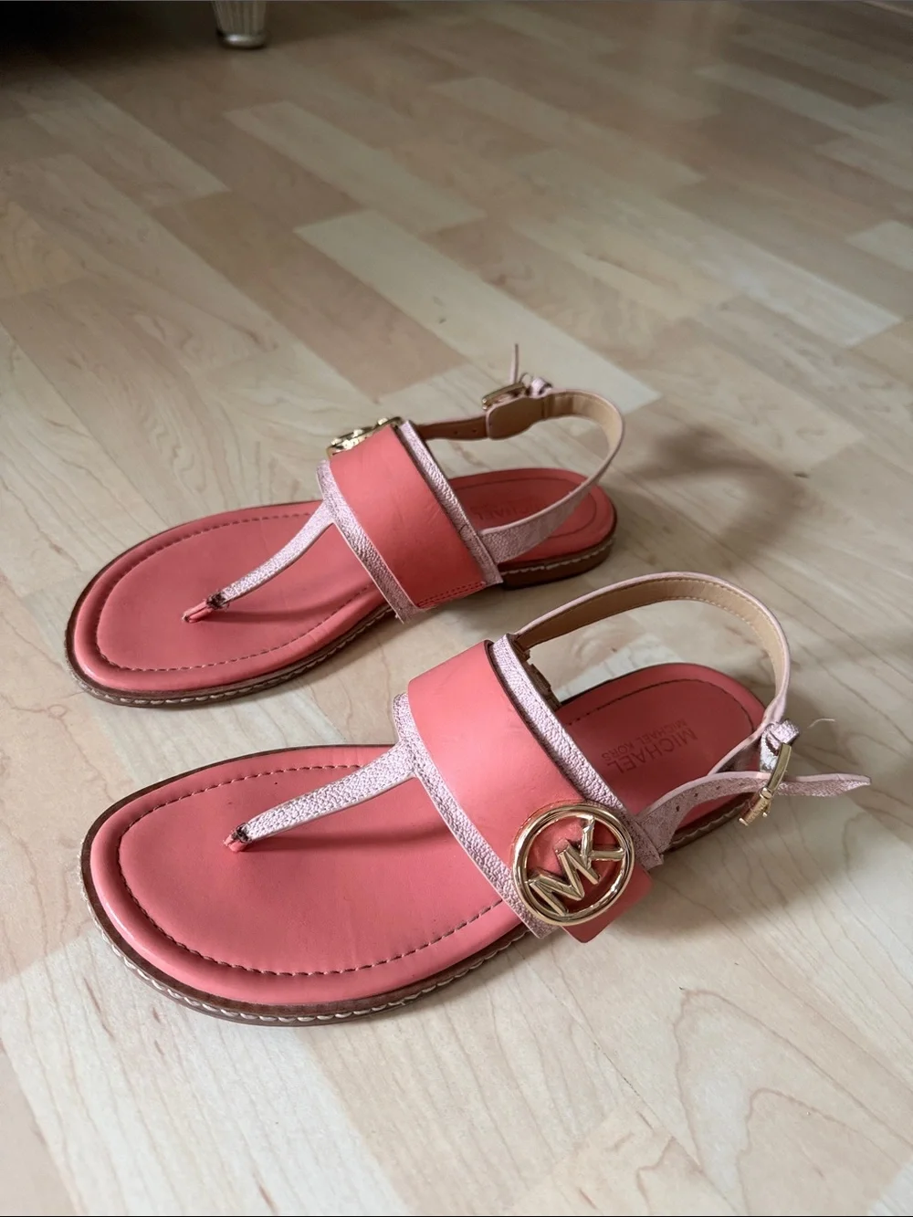 Michael Kors Coral Pink Leather T-Strap Sandals with Gold MK Accent